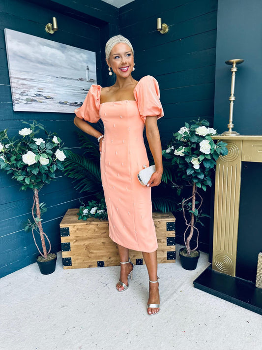 Kennedy Puff Sleeve Pearl Detail Occasion Dress Peach