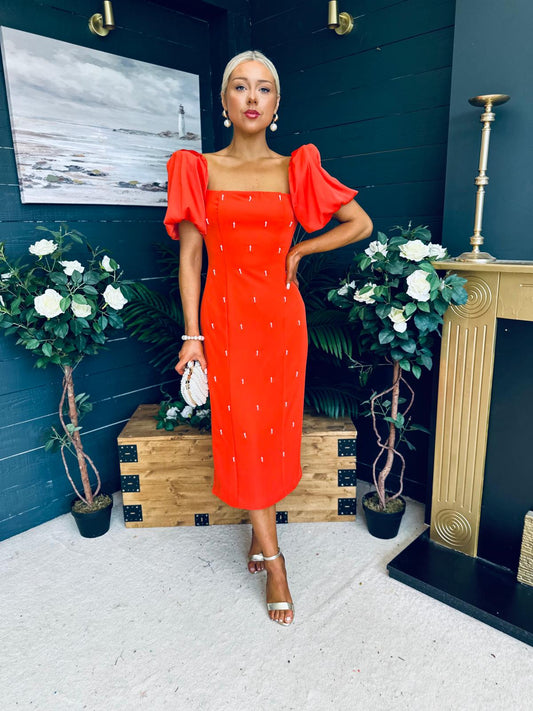 Kennedy Puff Sleeve Pearl Detail Occasion Dress Coral