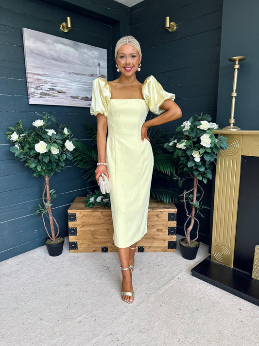 Kennedy Puff Sleeve Pearl Detail Occasion Dress Yellow