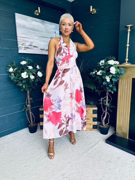 Cally Halterneck Midi Dress Floral Pwr Pink