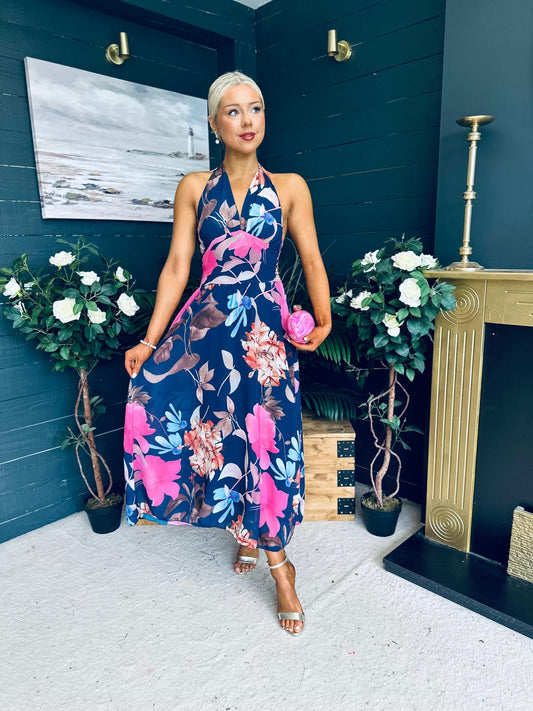Cally Halterneck Midi Dress Floral Navy