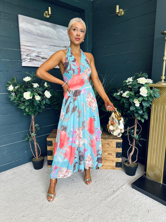 Cally Halterneck Midi Dress Floral Blue Aqua