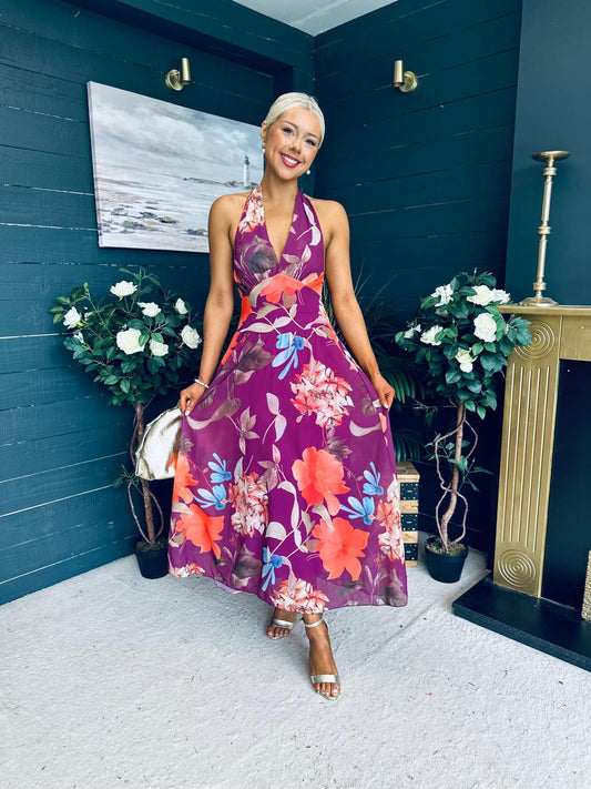 Cally Halterneck Midi Dress Floral Berry