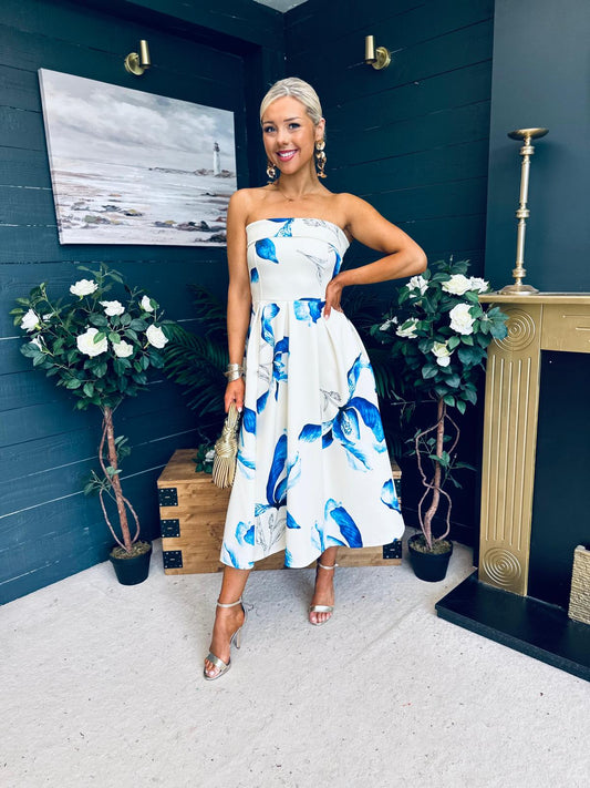 Danni Strapless Bandeau Midi Dress Yellow w Blue Floral