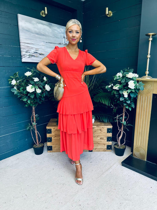 Beky Layered Midi Dress Coral