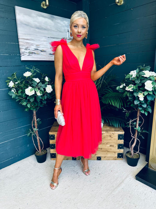 Carly Occasion Tulle Midi Dress Red
