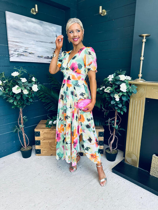 Nessa Button Detail Midi Dress Green