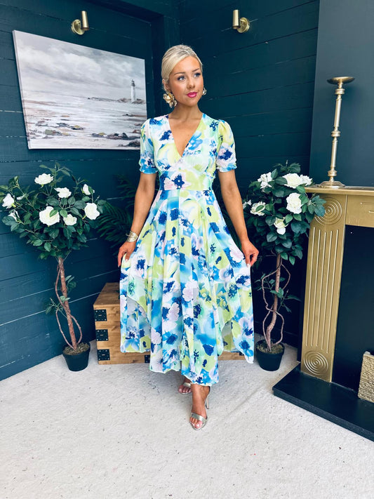 Nessa Button Detail Midi Dress Blue