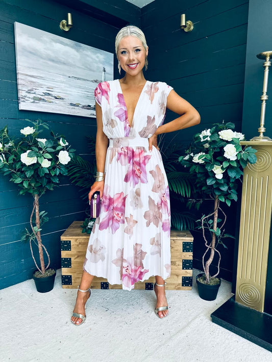 Lottie Plunge Neck Midi Dress Cream
