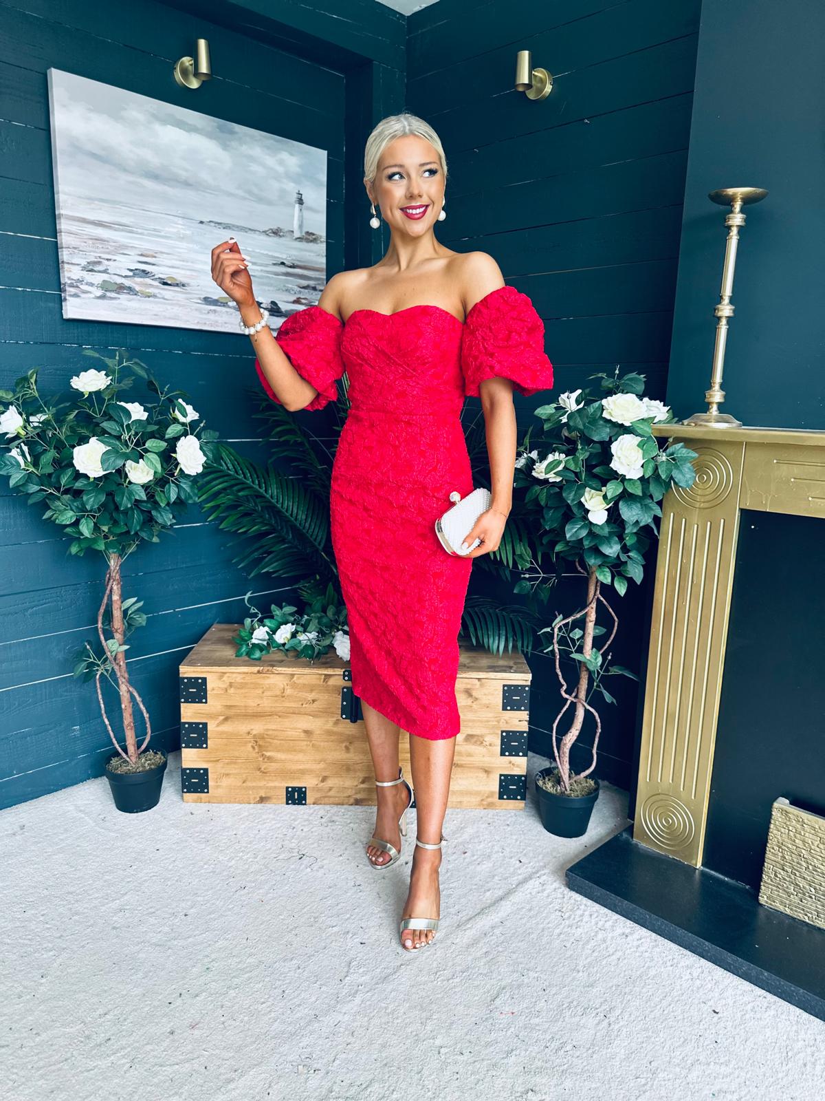 Hannah Bardot Occasion Dress Red