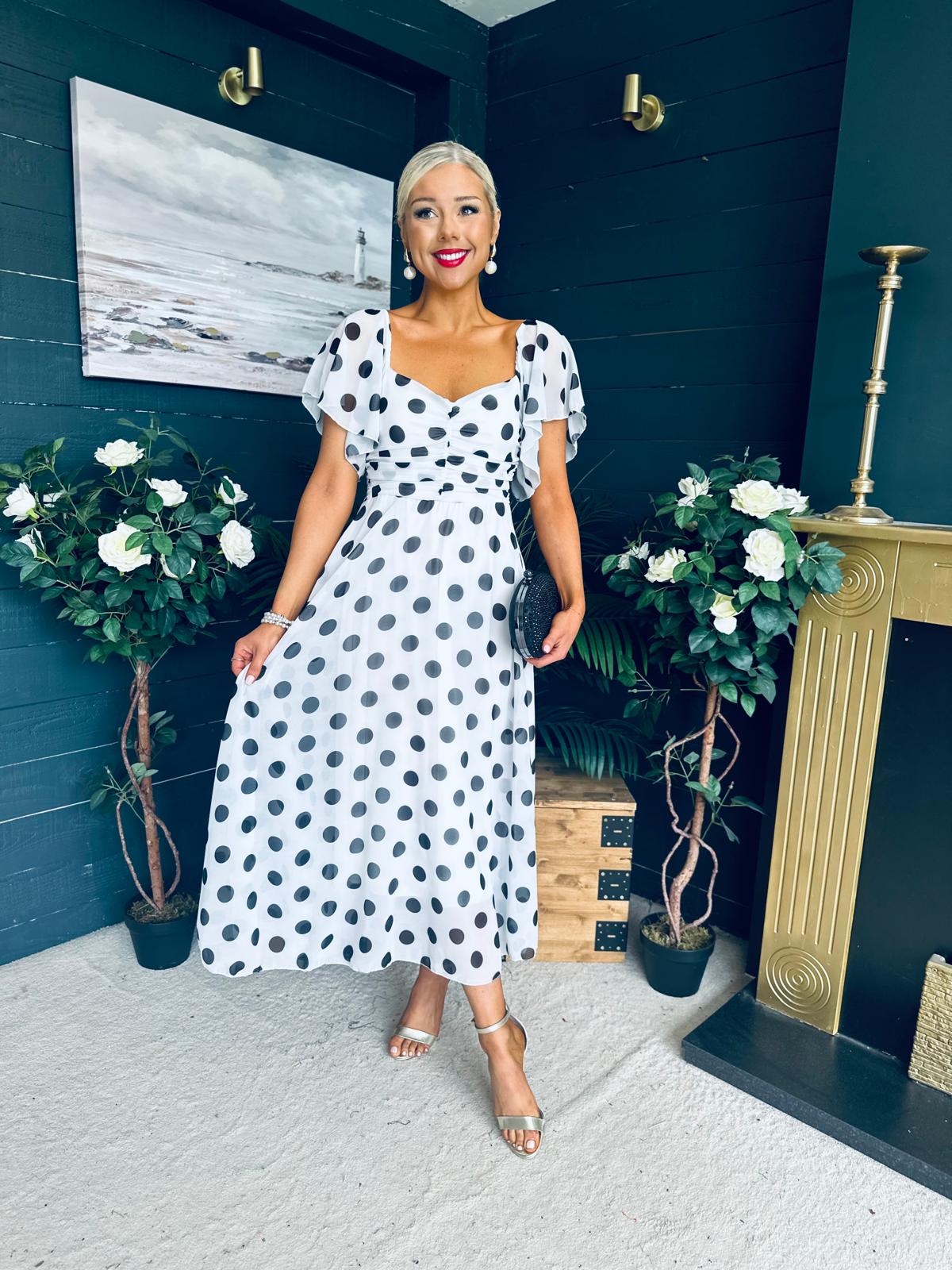 Aoibhe Detailed Midi Dress Polka Black / White