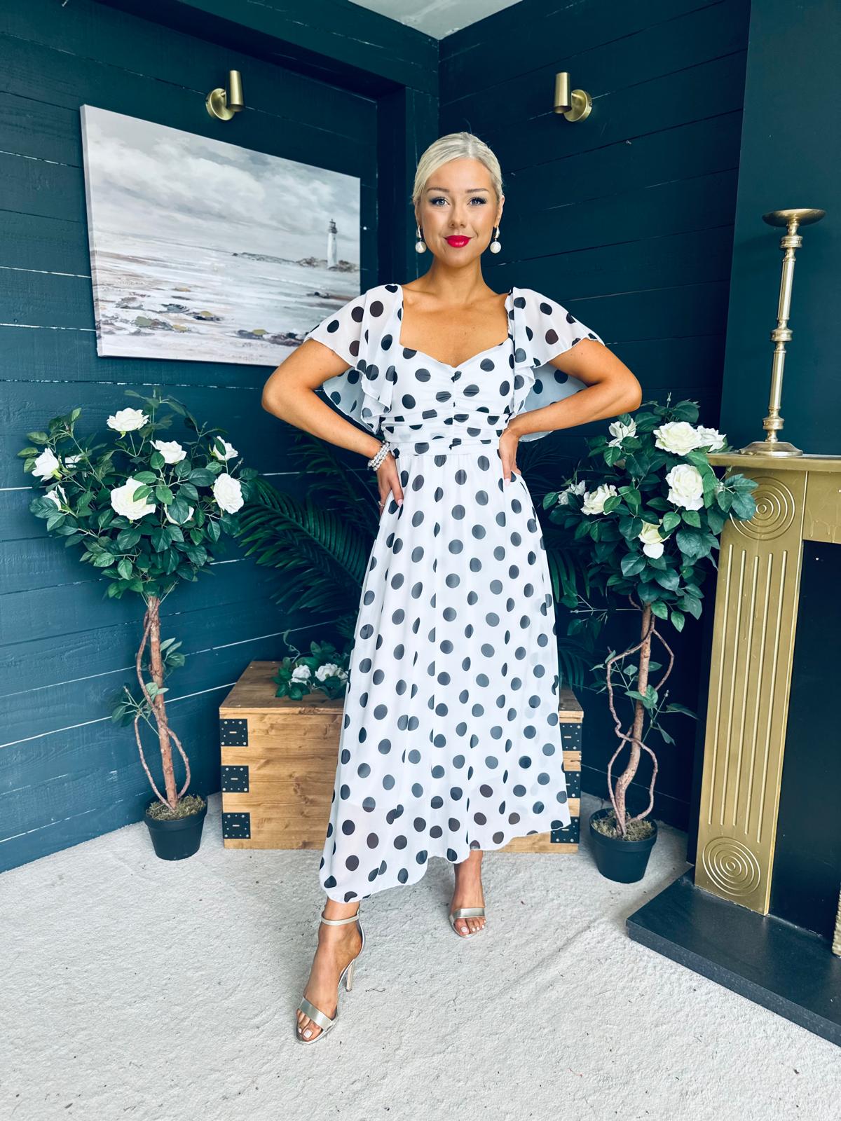 Aoibhe Detailed Midi Dress Polka Black / White