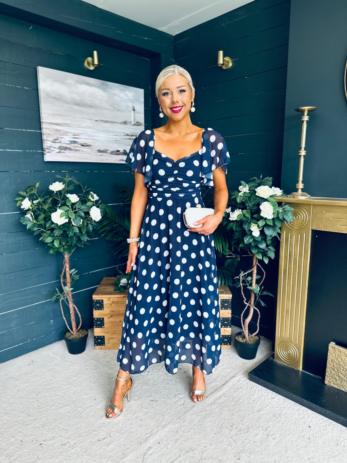 Aoibhe Detailed Midi Dress Polka Navy