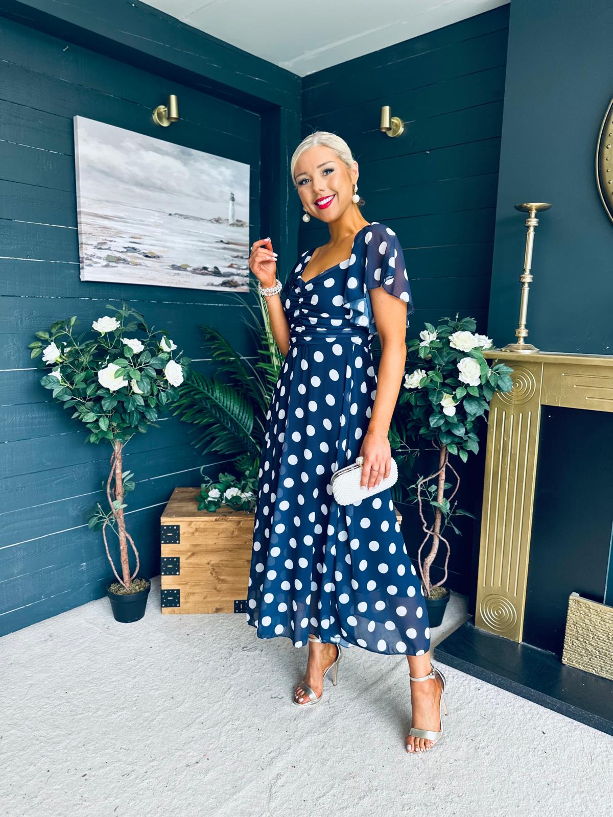 Aoibhe Detailed Midi Dress Polka Navy