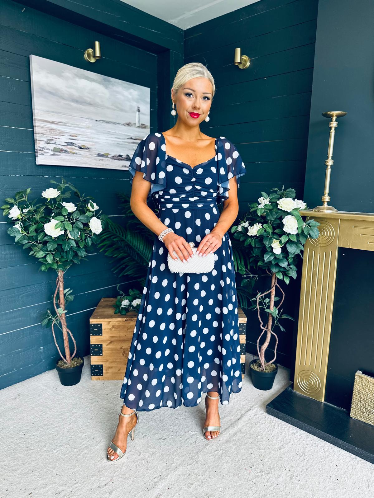 Aoibhe Detailed Midi Dress Polka Navy