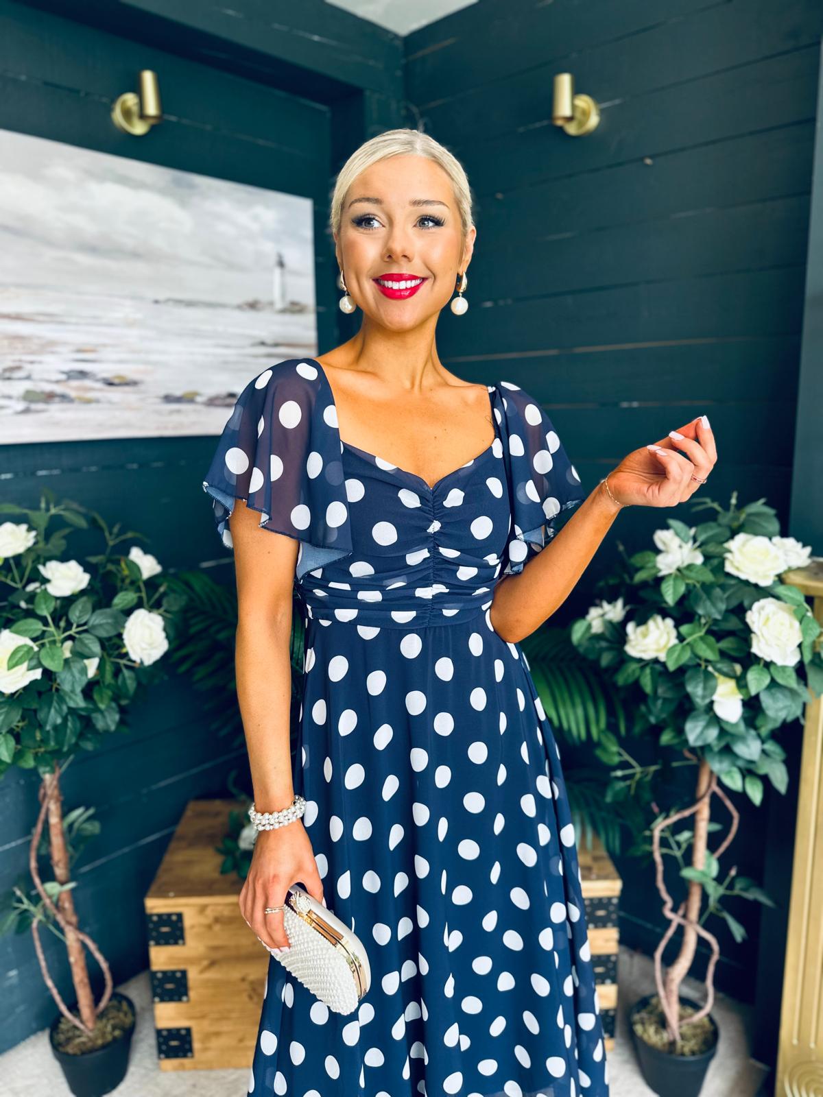 Aoibhe Detailed Midi Dress Polka Navy