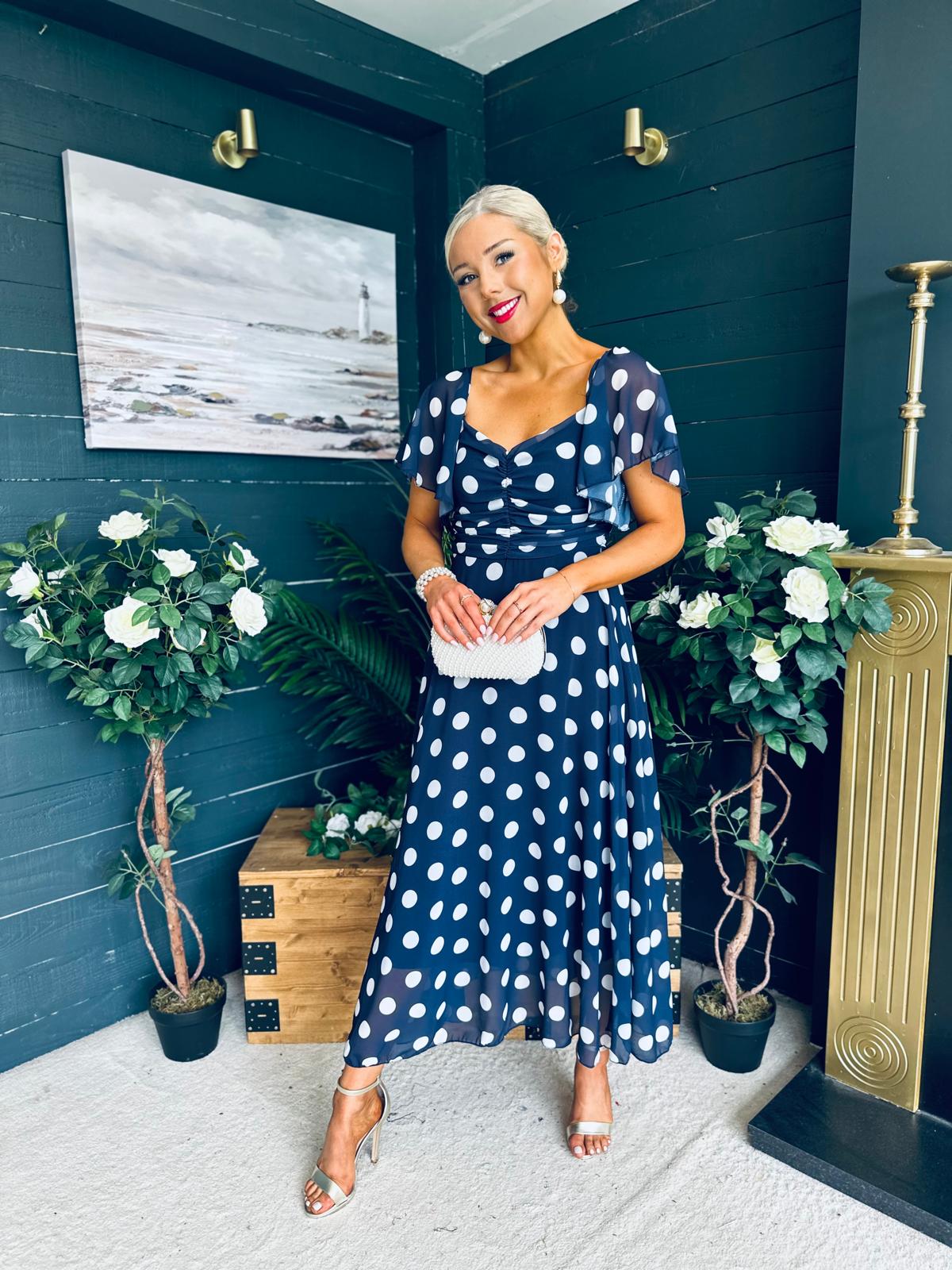 Aoibhe Detailed Midi Dress Polka Navy