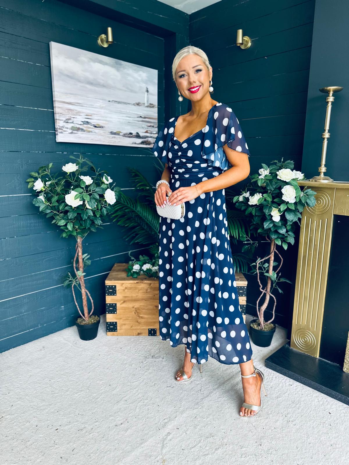 Aoibhe Detailed Midi Dress Polka Navy