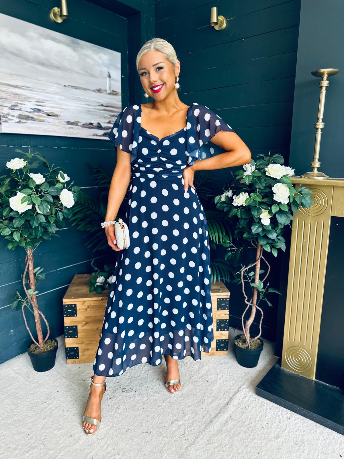 Aoibhe Detailed Midi Dress Polka Navy