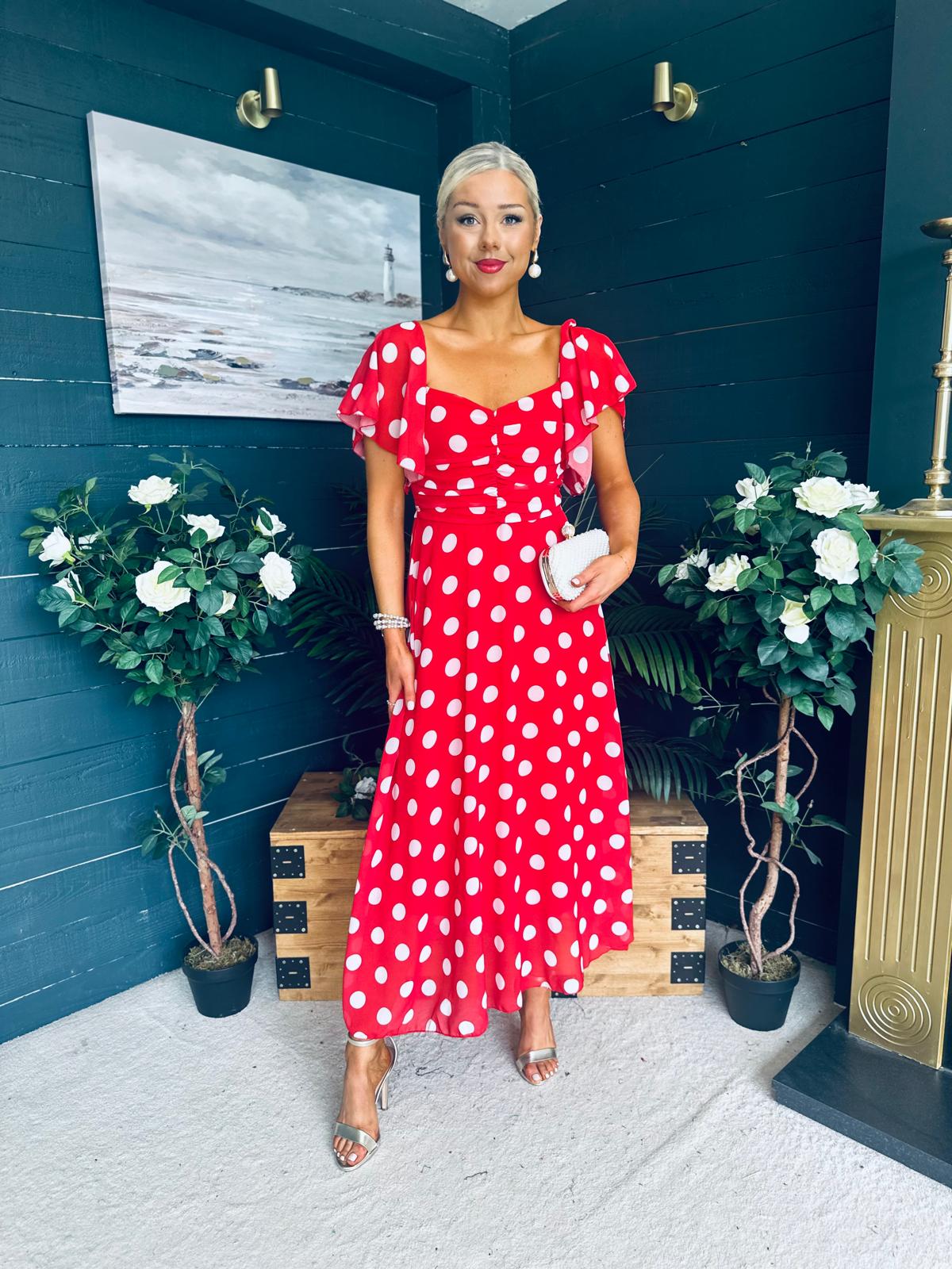 Aoibhe Detailed Midi Dress Polka Red