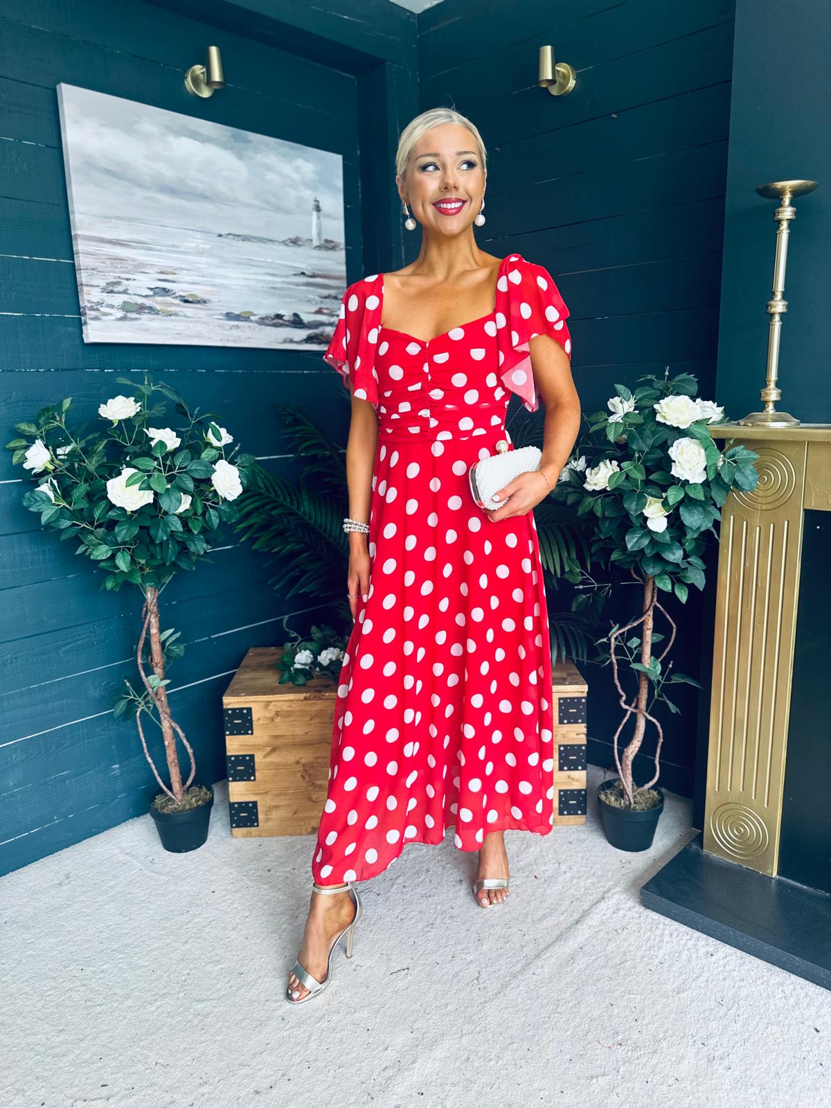 Aoibhe Detailed Midi Dress Polka Red