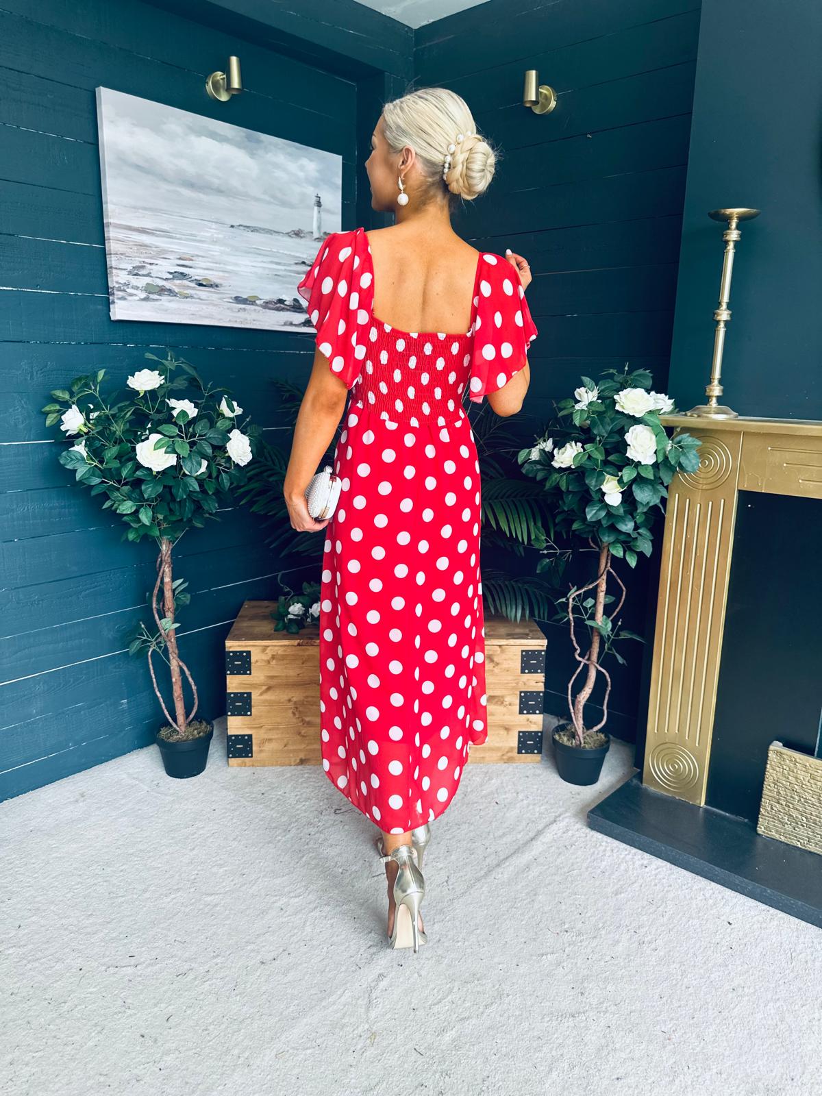 Aoibhe Detailed Midi Dress Polka Red