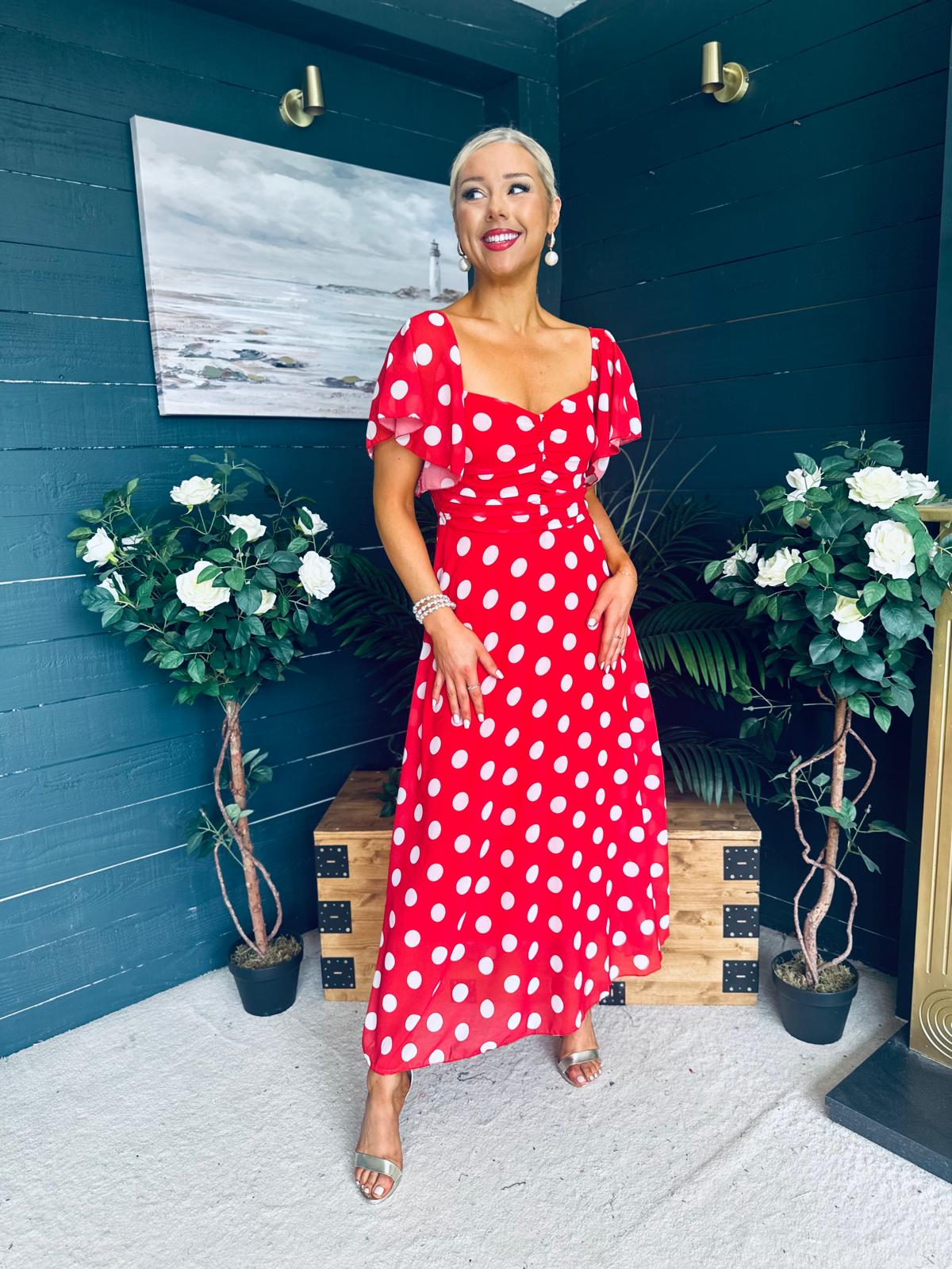 Aoibhe Detailed Midi Dress Polka Red