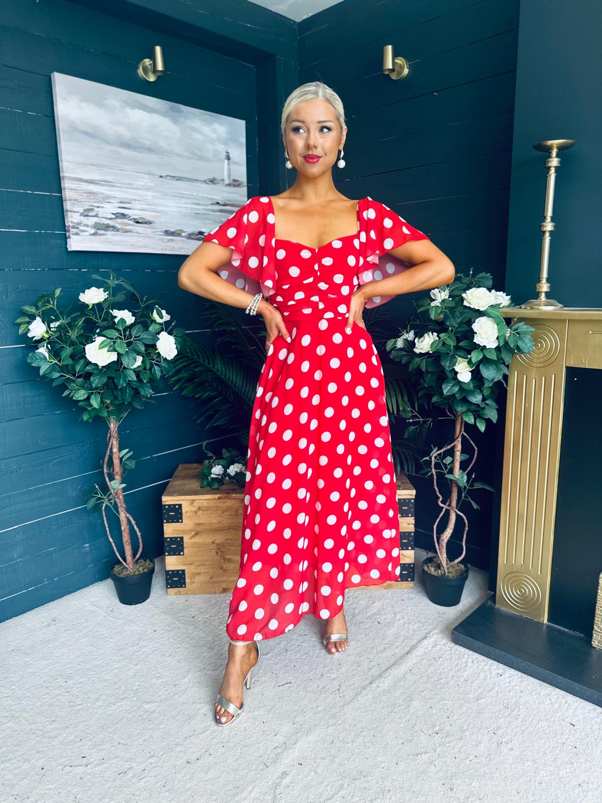 Aoibhe Detailed Midi Dress Polka Red
