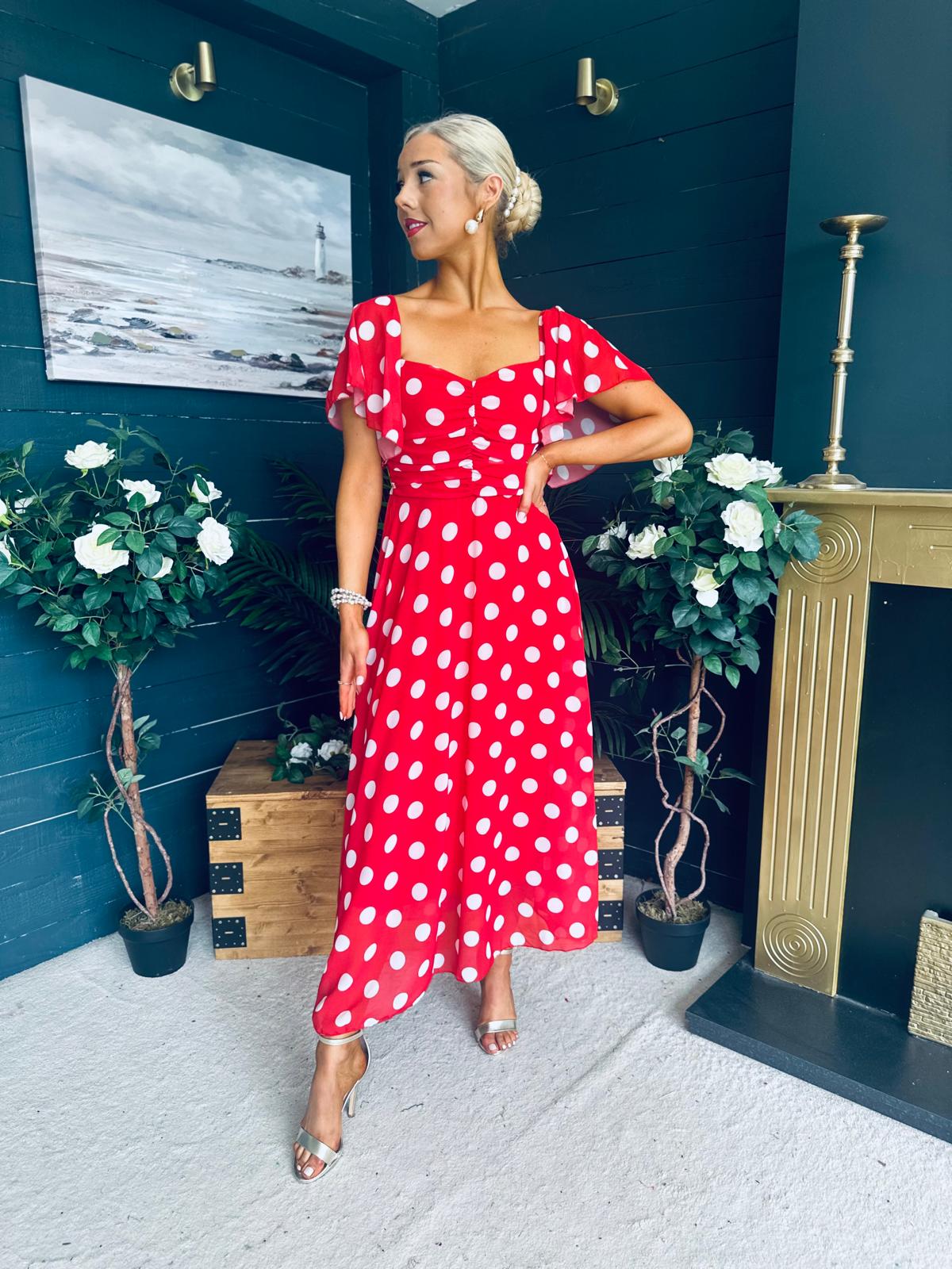 Aoibhe Detailed Midi Dress Polka Red
