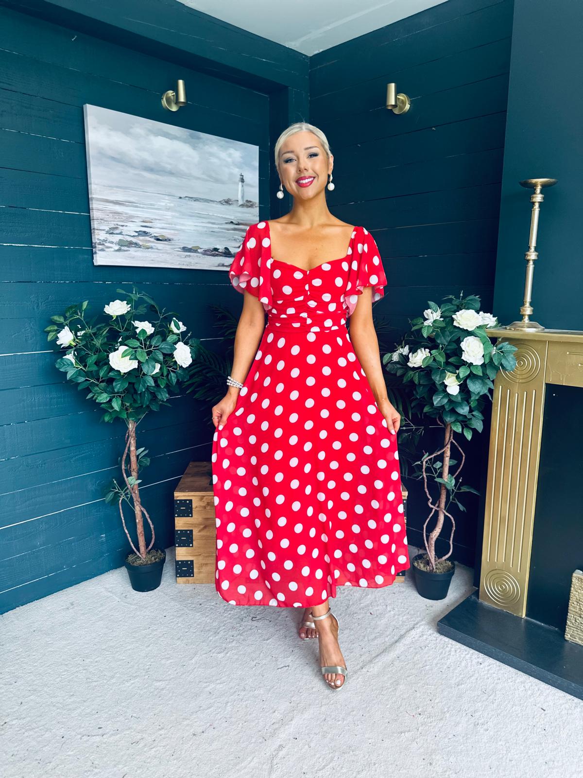Aoibhe Detailed Midi Dress Polka Red