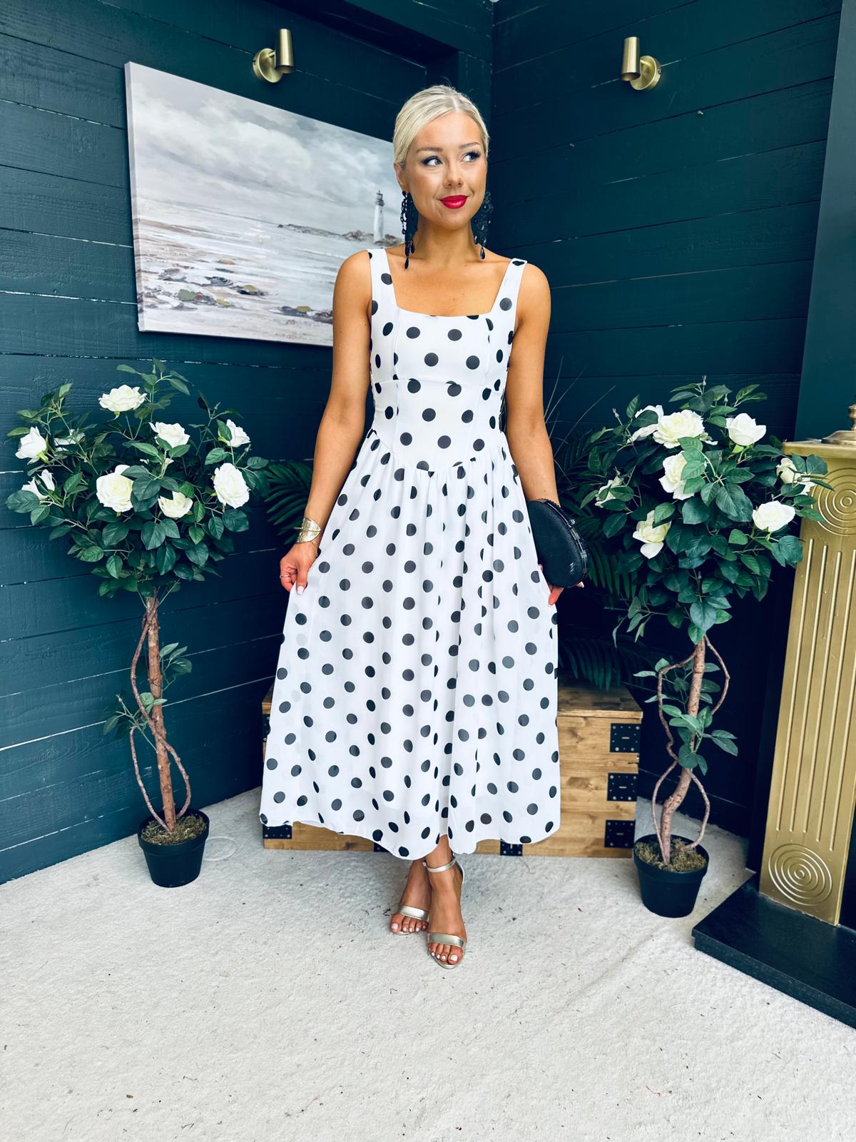 Roise Detailed Midi Dress Polka White