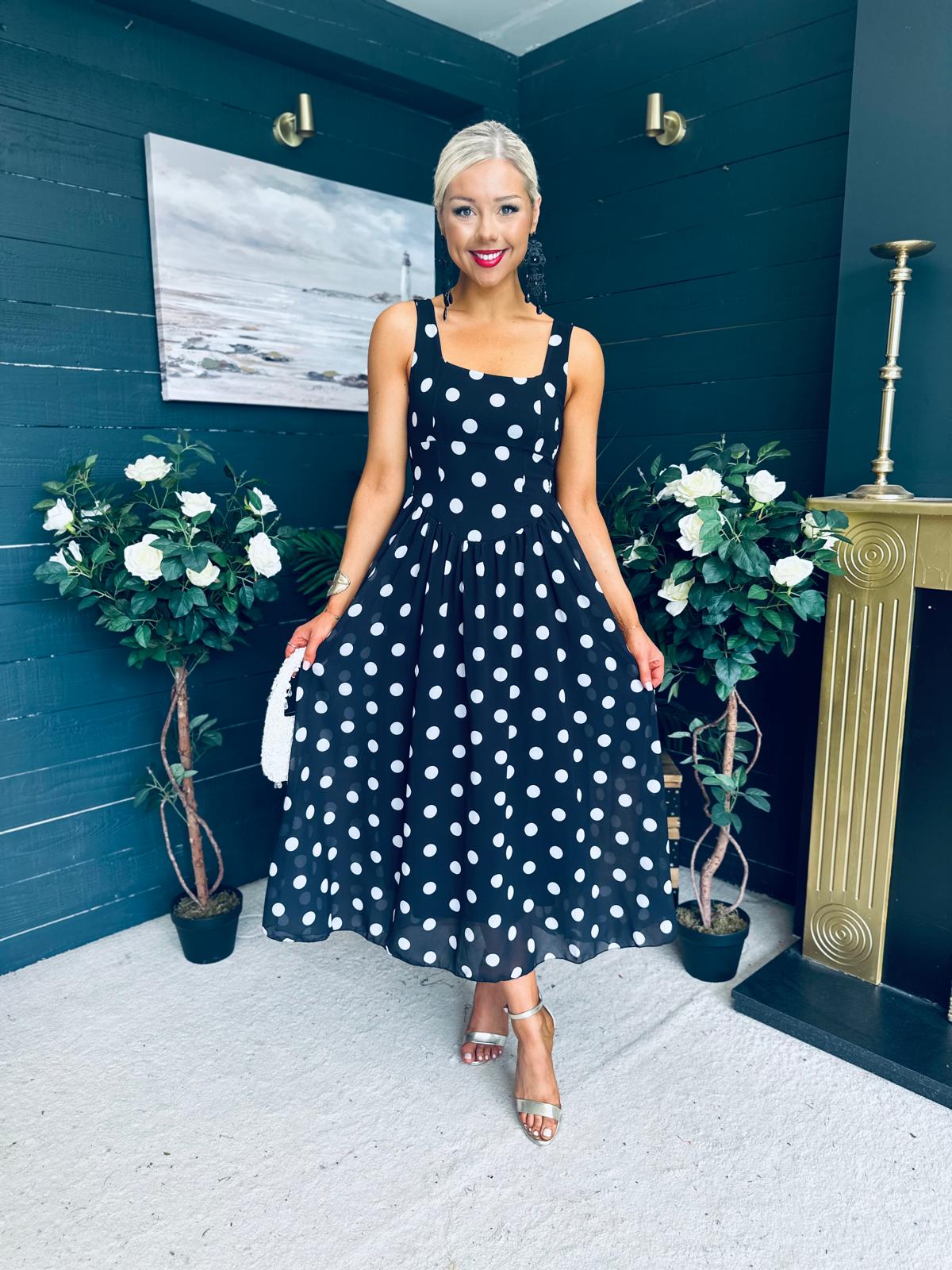 Roise Detailed Midi Dress Polka Black
