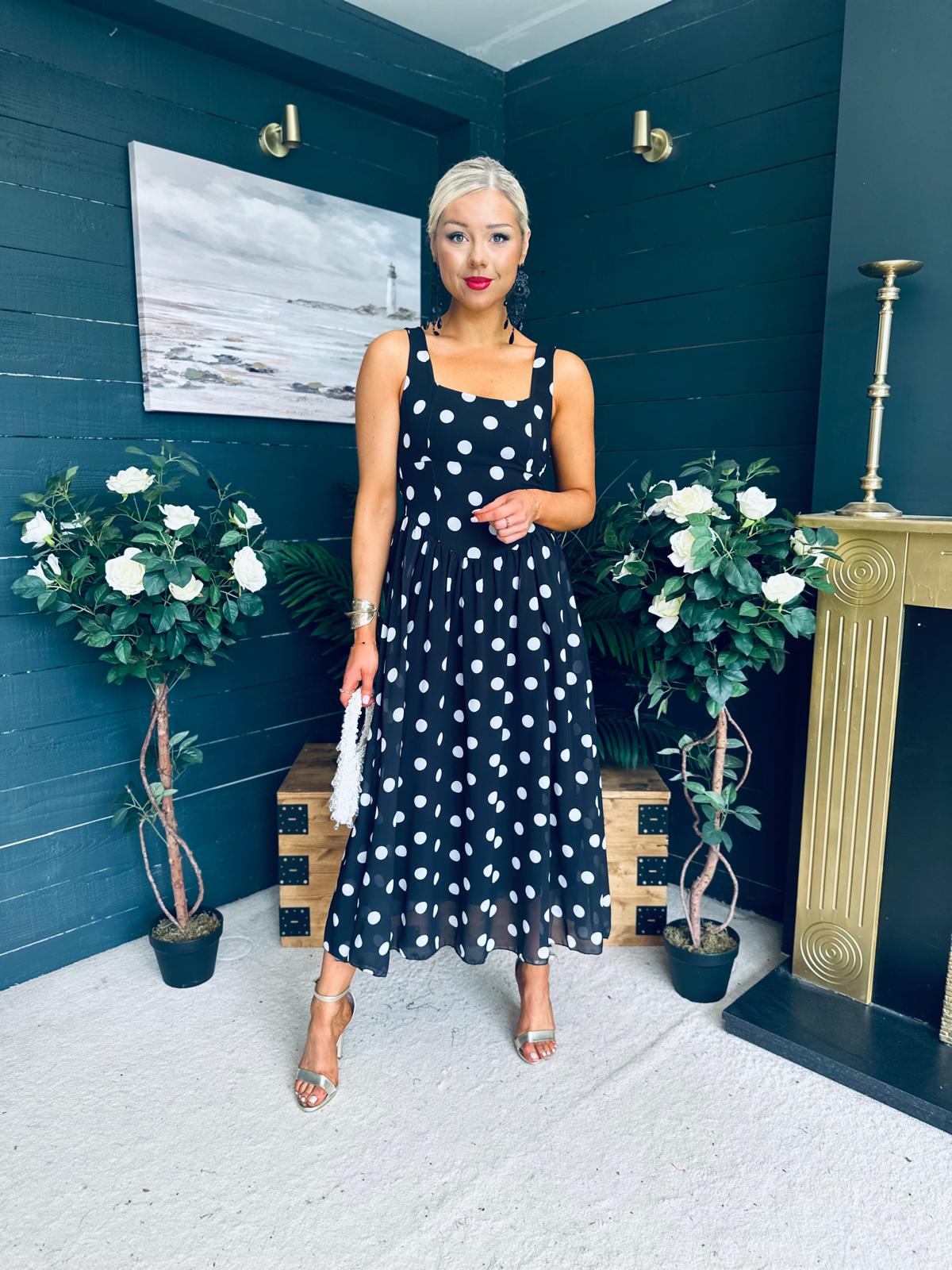 Roise Detailed Midi Dress Polka Black