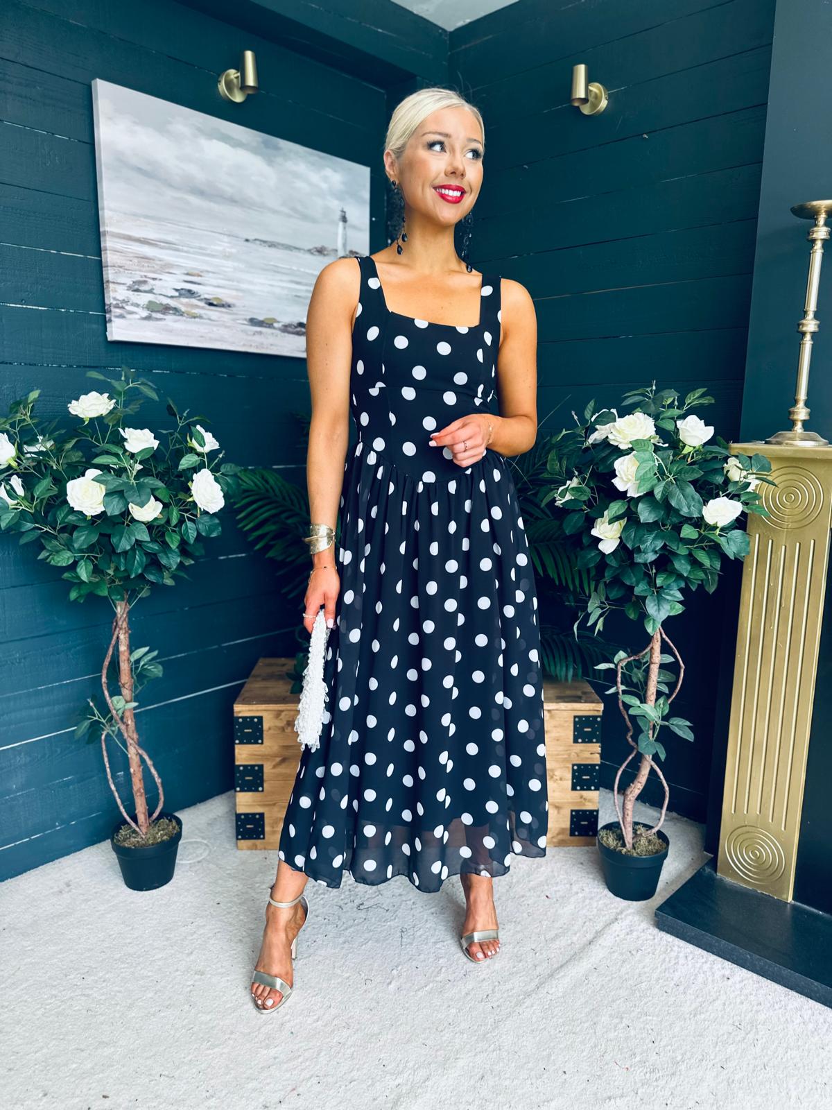 Roise Detailed Midi Dress Polka Black