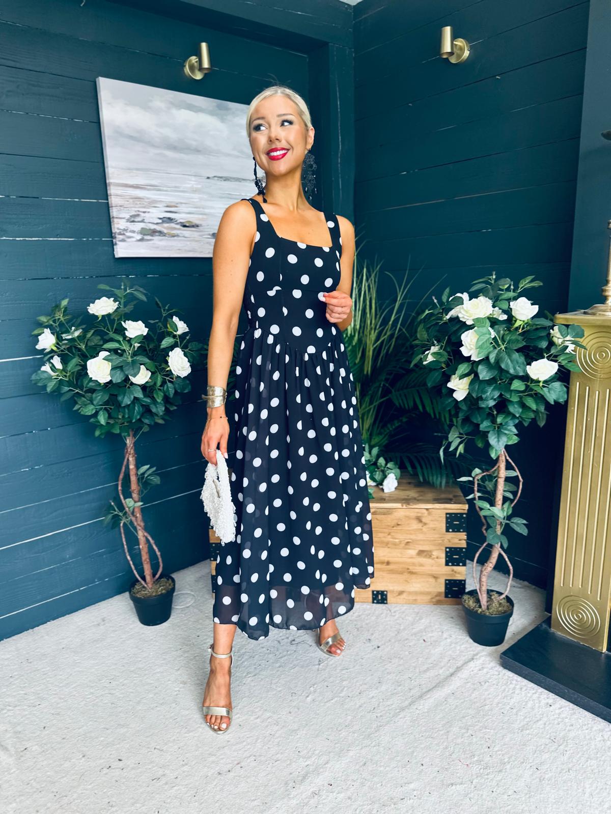 Roise Detailed Midi Dress Polka Black