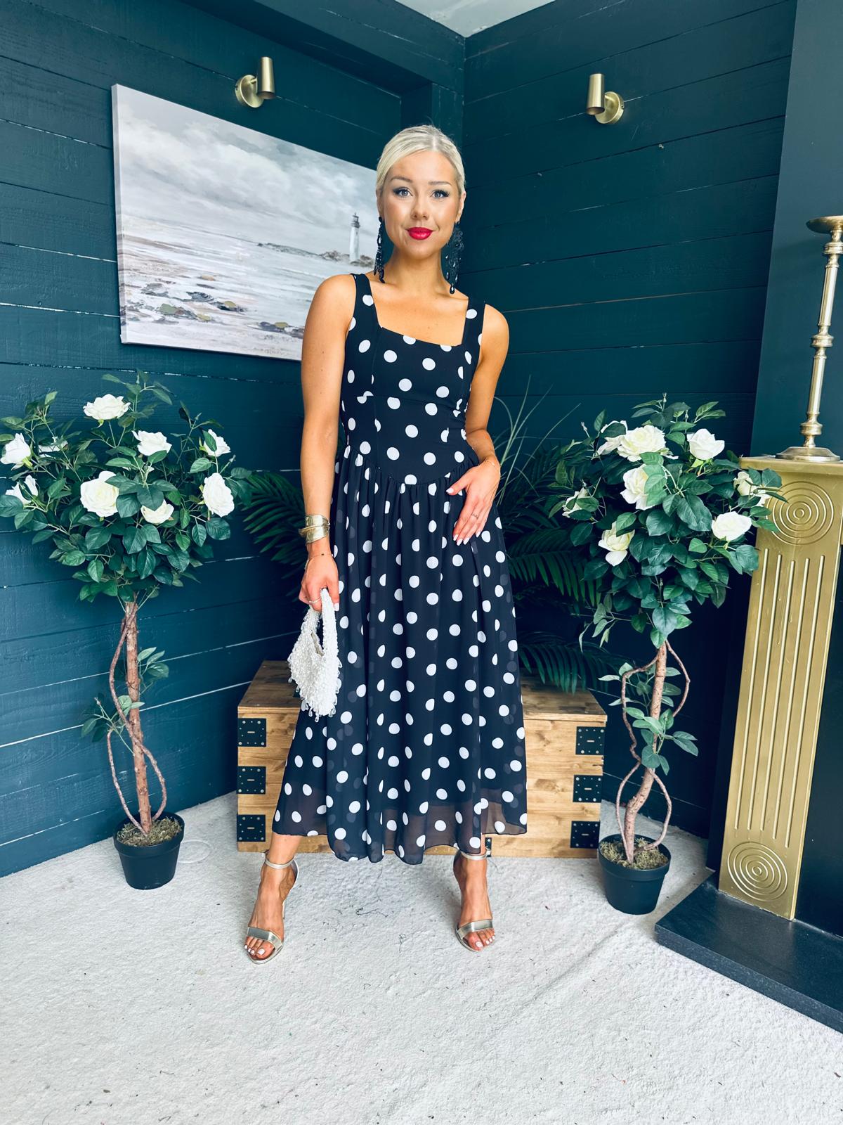 Roise Detailed Midi Dress Polka Black