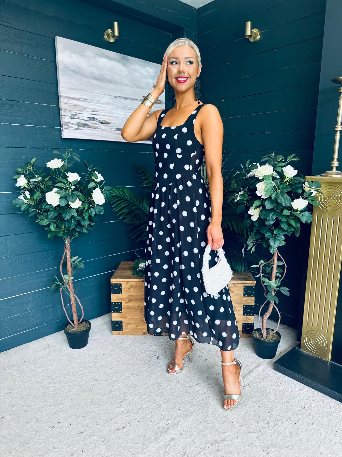 Roise Detailed Midi Dress Polka Black