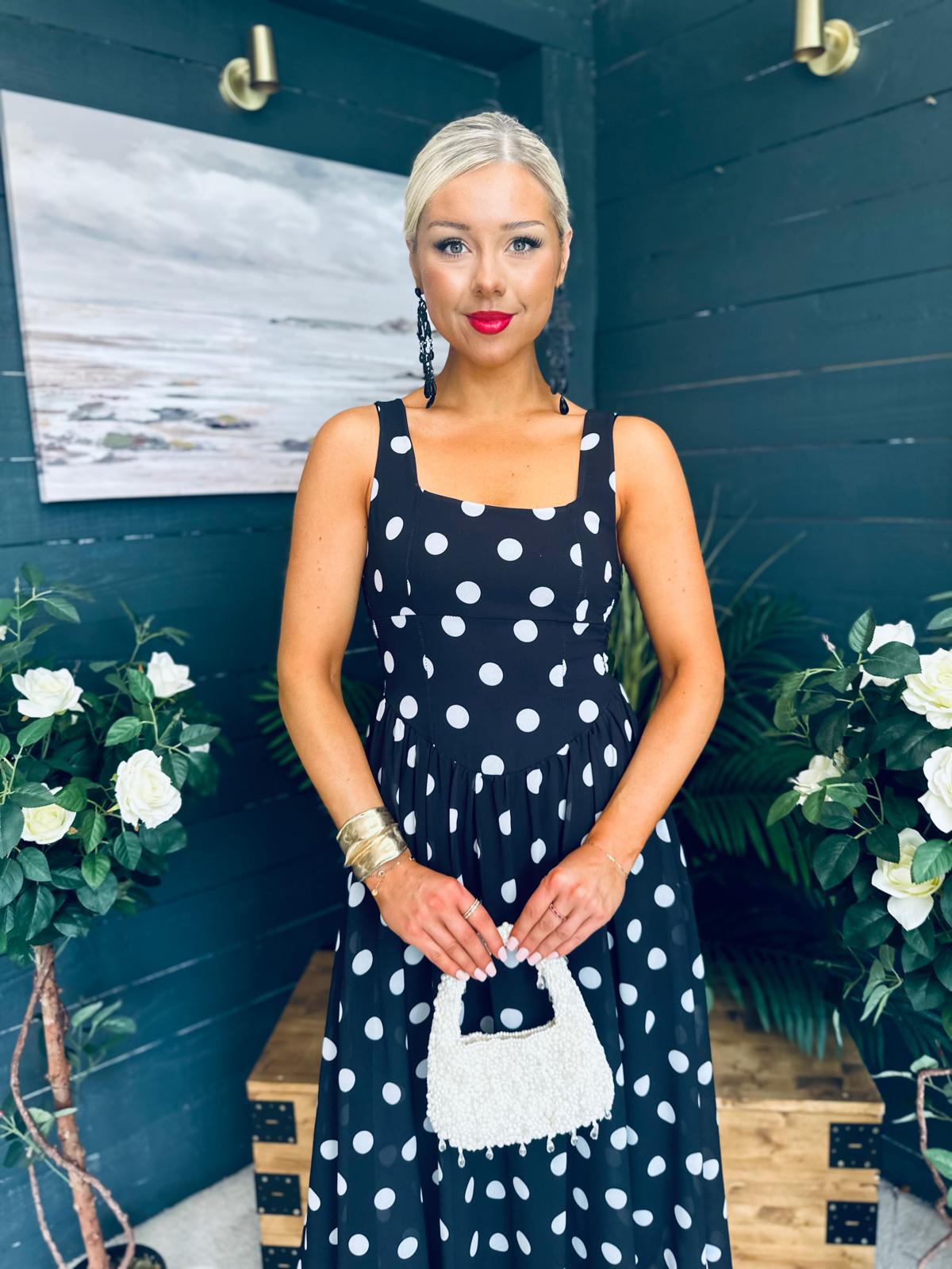 Roise Detailed Midi Dress Polka Black