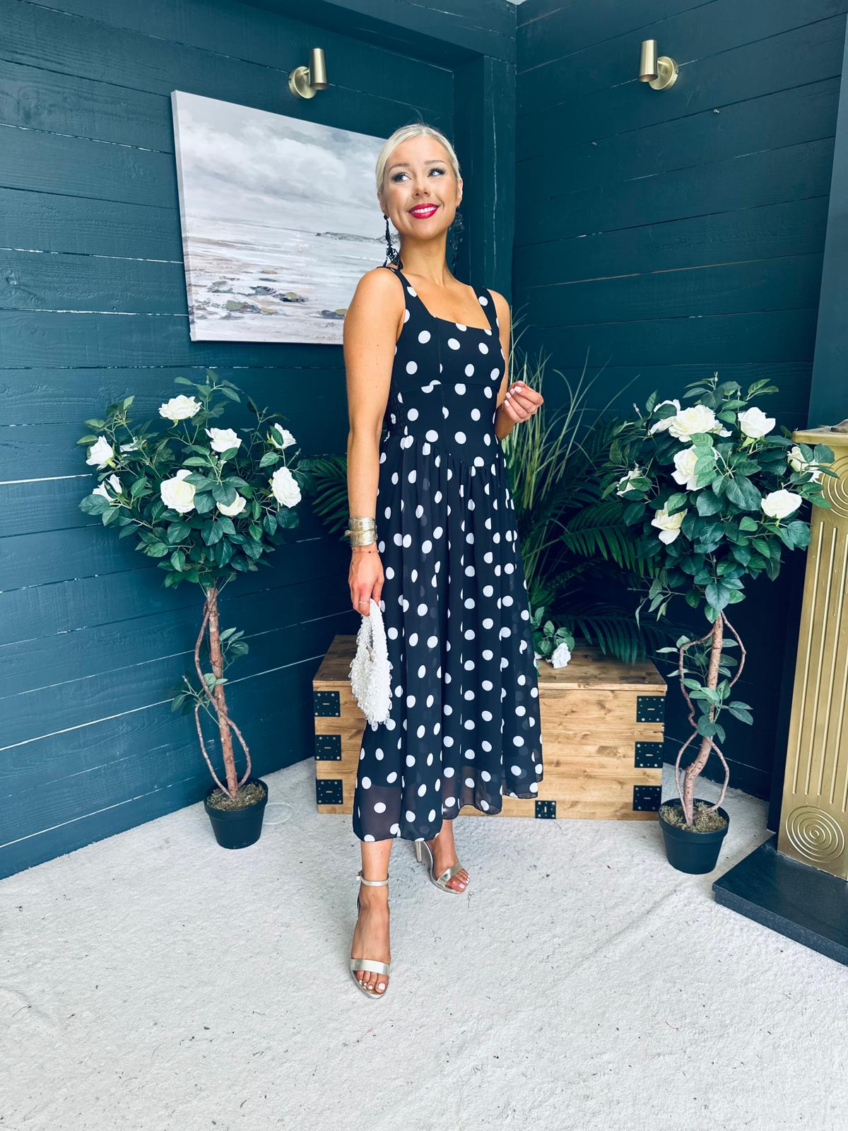 Roise Detailed Midi Dress Polka Black
