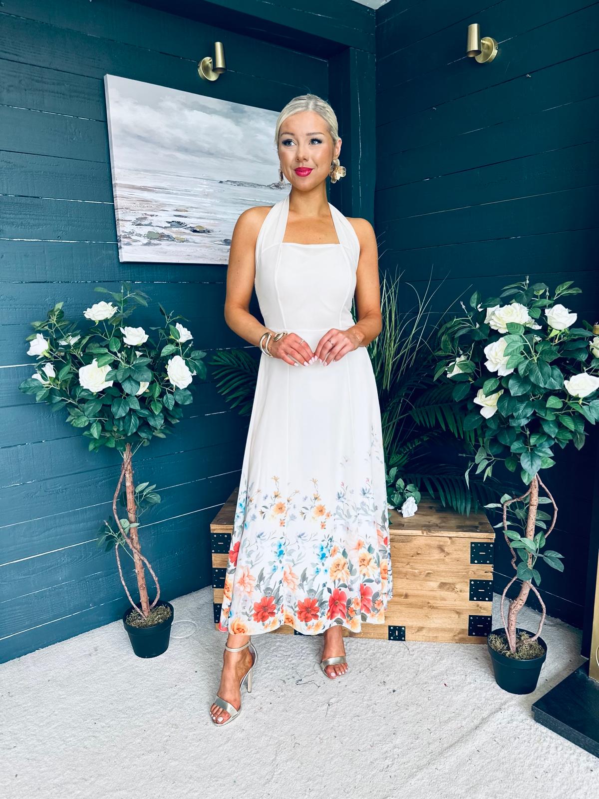 Keelin Halterneck Midi Dress Floral Cream