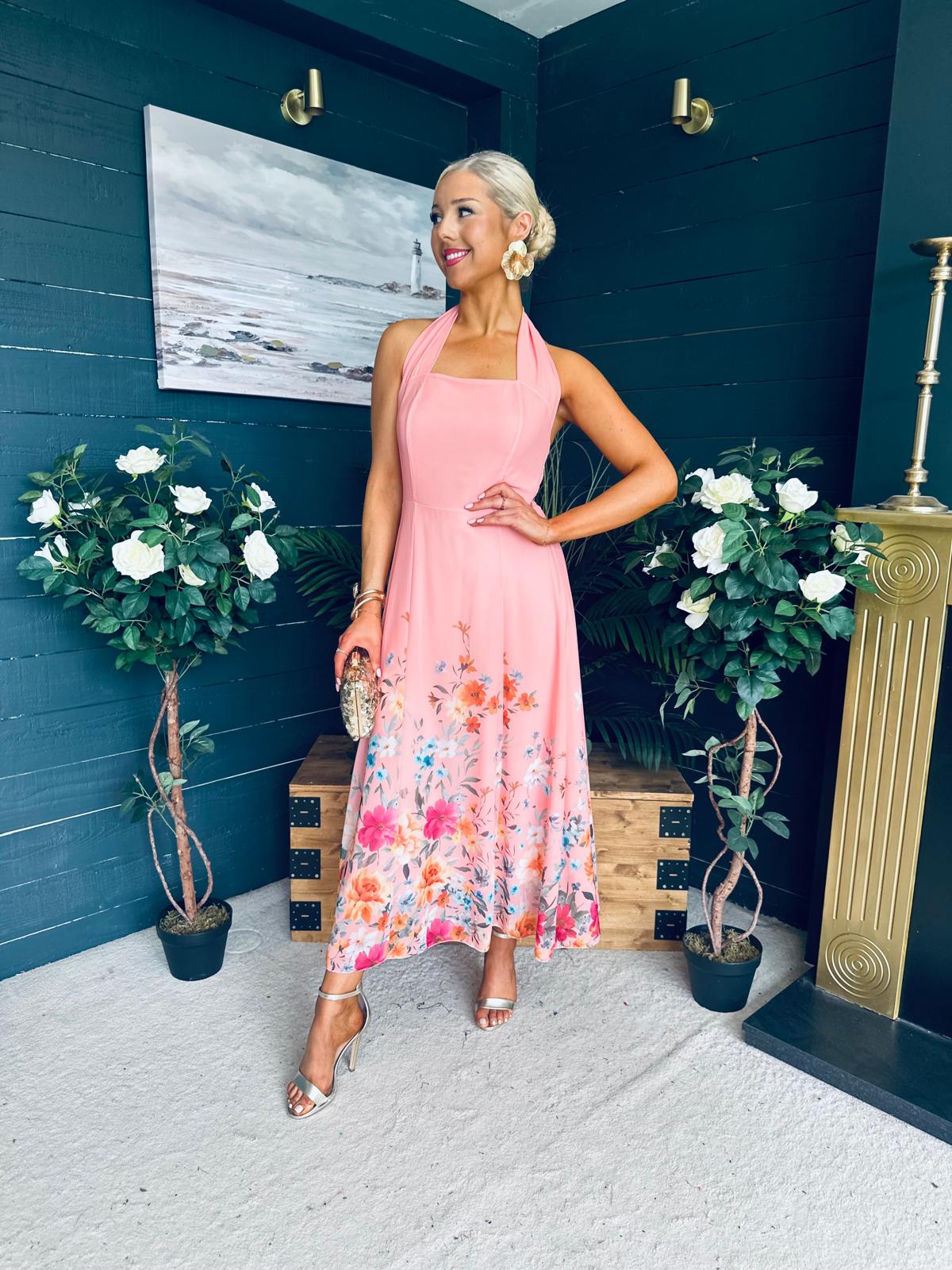 Keelin Halterneck Midi Dress Floral Peach