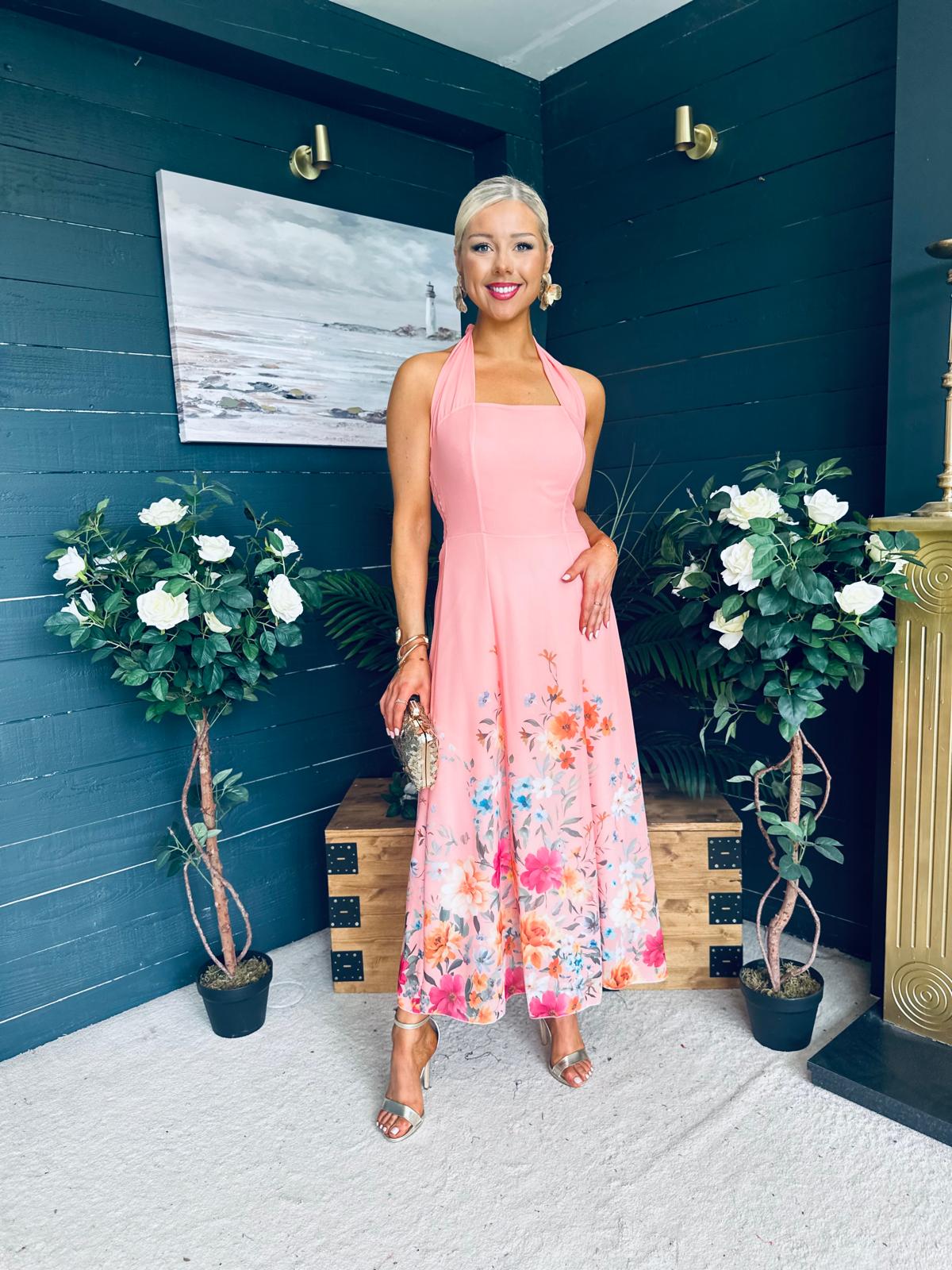 Keelin Halterneck Midi Dress Floral Peach