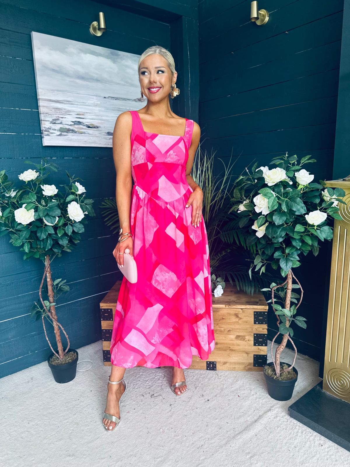 Aideen Detailed Midi Dress Geo Pink