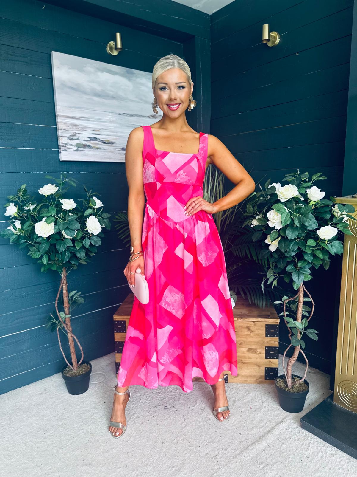 Aideen Detailed Midi Dress Geo Pink