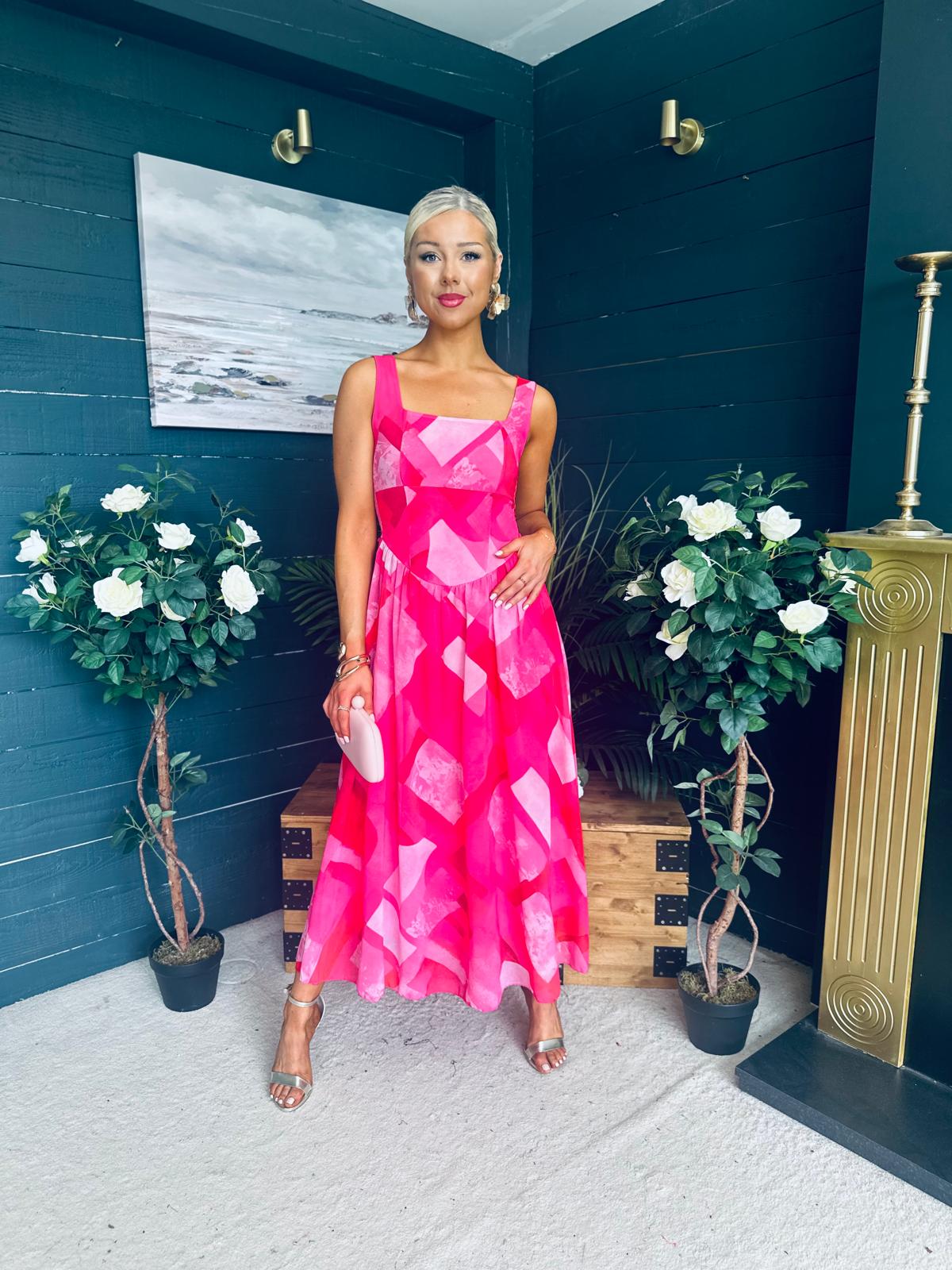 Aideen Detailed Midi Dress Geo Pink