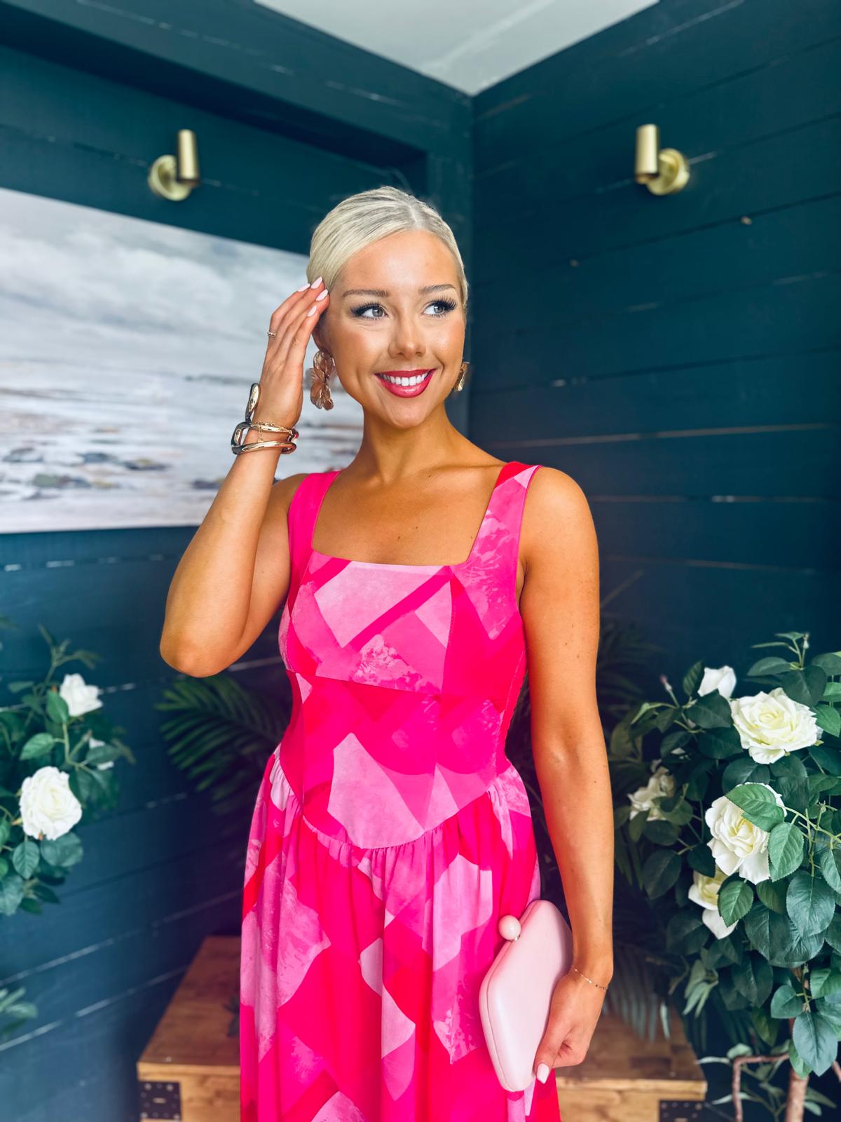 Aideen Detailed Midi Dress Geo Pink