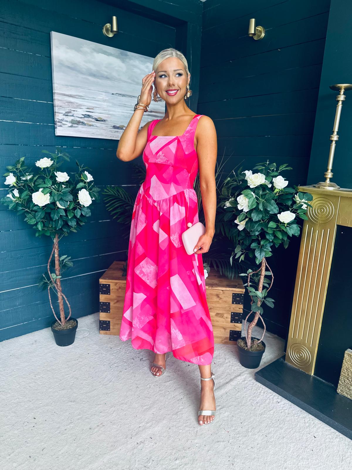 Aideen Detailed Midi Dress Geo Pink