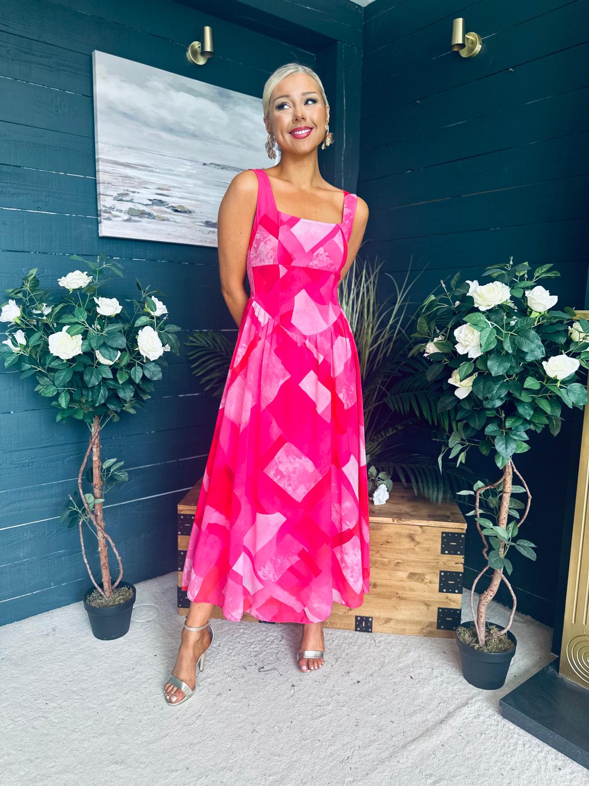 Aideen Detailed Midi Dress Geo Pink