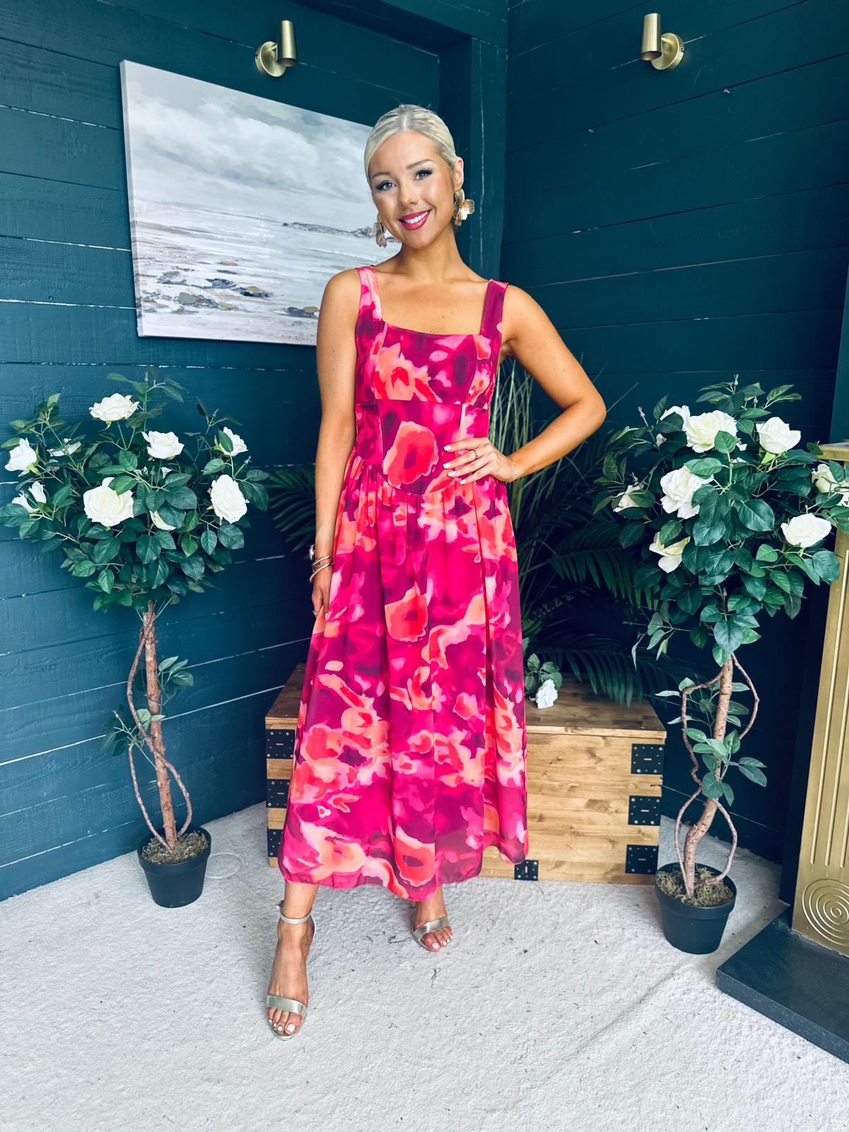 Aideen Detailed Midi Dress Floral Ruby