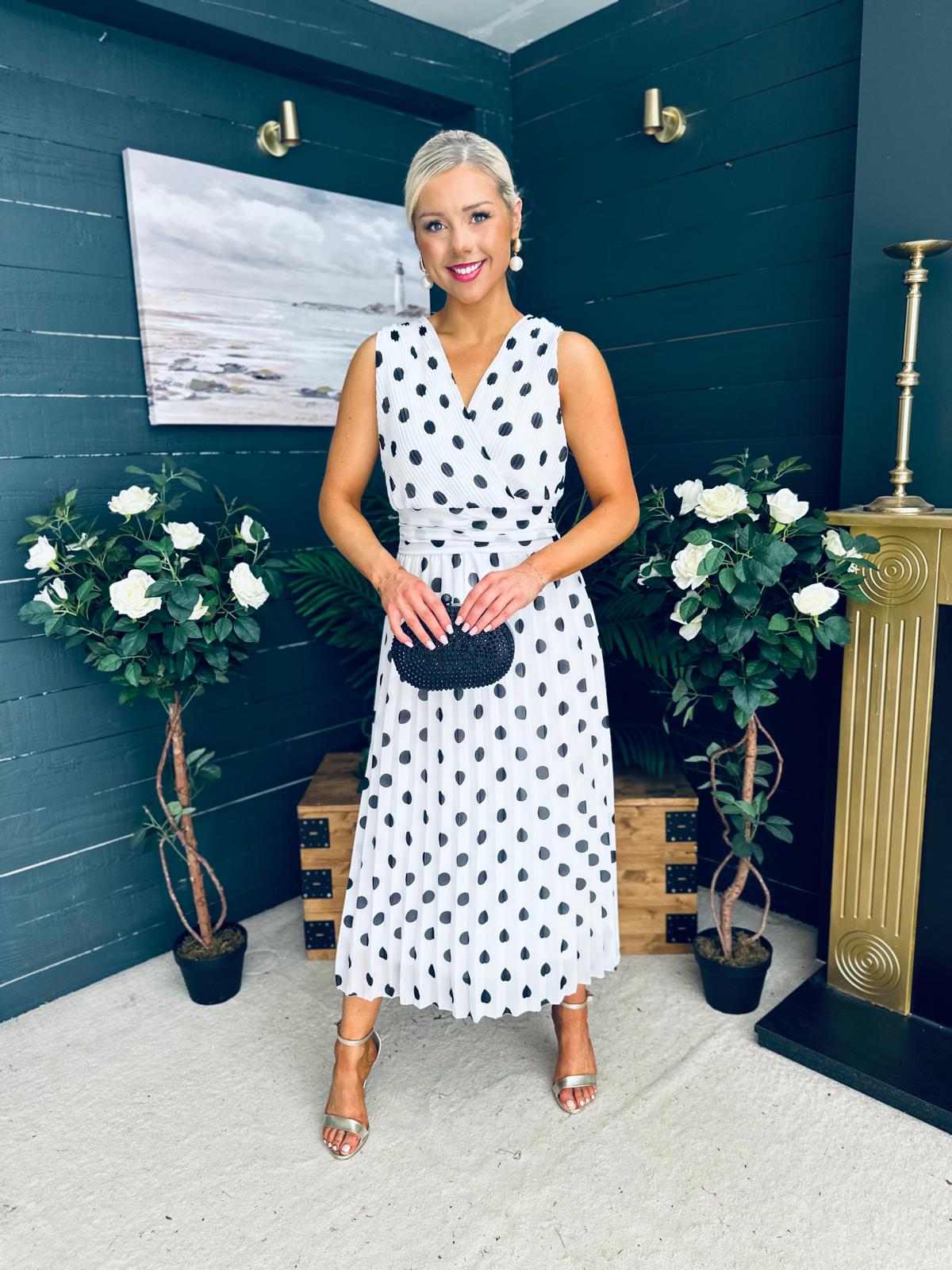 Michelle Banded Midi Dress Polka White